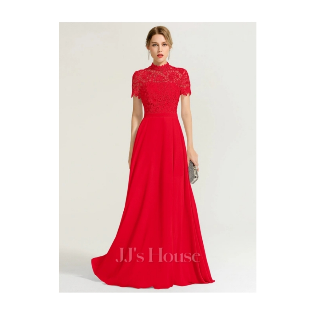Jj's House Red A-Line High Neck Floor-Length Chiffon Lace Dress, Size 2